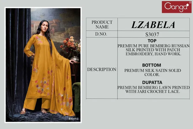 Lzabela 3037 By Ganga Printed Embroidery Dress Material Exporters In India